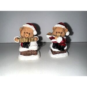 2 - Vtg Barely Bears Miniature Figurine Accordion/Flute Santa Hat Christmas
